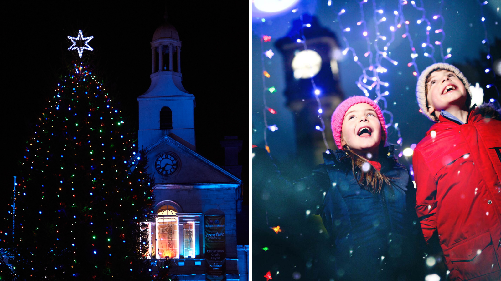 Two images. One of two children and the other of a Christmas tree